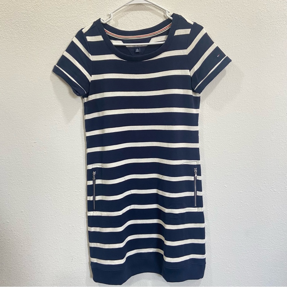 Tommy Hilfiger Navy White Striped Tee Cuffed Hem Cotton T Shirt Dress Size XS‎